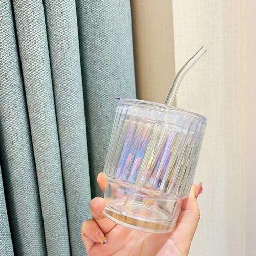 Laser Light Glass Cup with Straw