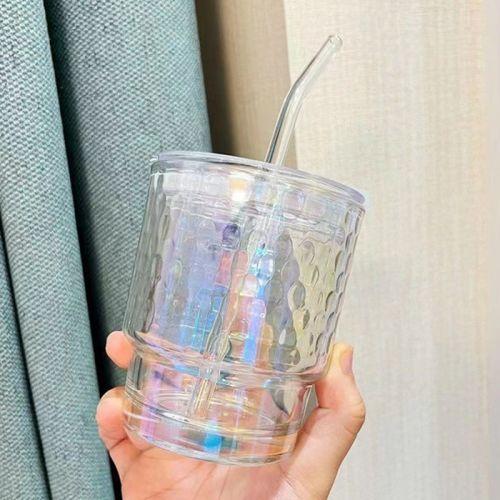 Laser Light Glass Cup with Straw